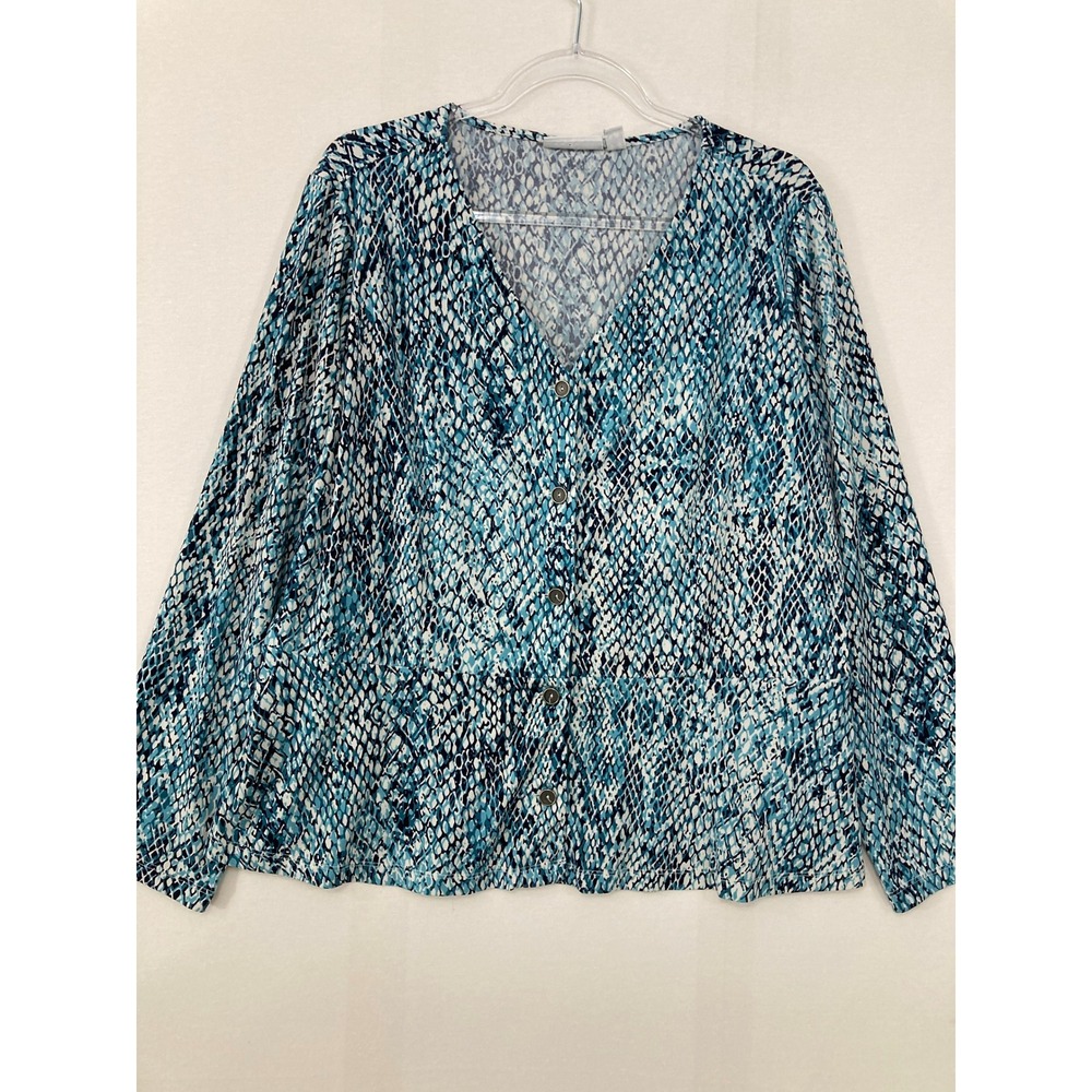 Susan Graver Button Front Top 1X Blue Snakeskin Stretch Liquid Knit Long Sleeve